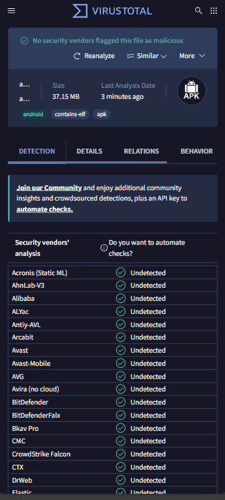 Kết quả quét file APK trên VirusTotal